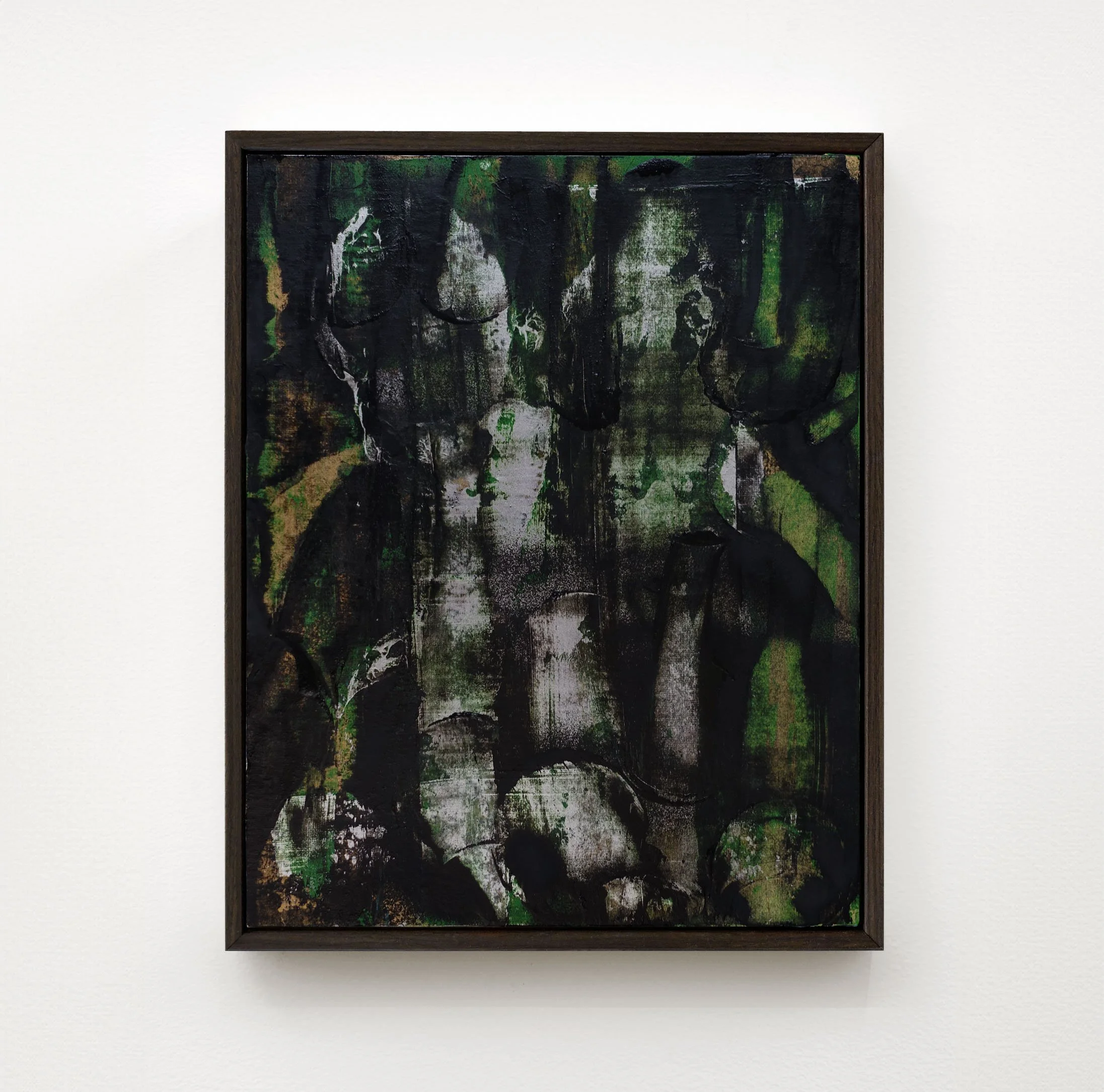  A Forest Mighty Black, No 5, 2026  Acrylic, collage and spray paint on canvas  14 x 11 inches / 35.6 x 28 cm  $900 