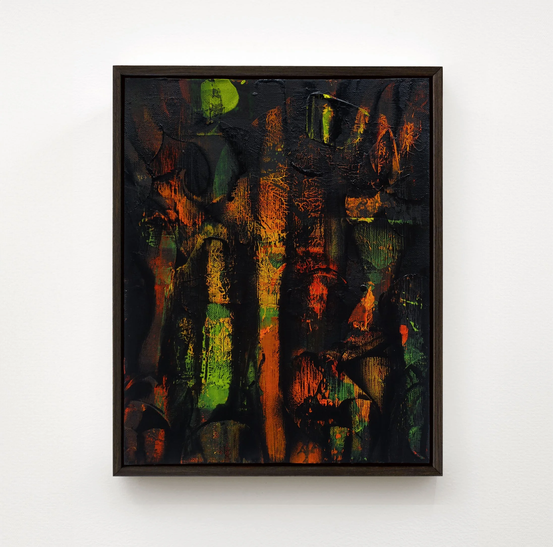  A Forest Mighty Black, No 6, 2026  Acrylic and spray paint on canvas  14 x 11 inches / 35.6 x 28 cm  $900 