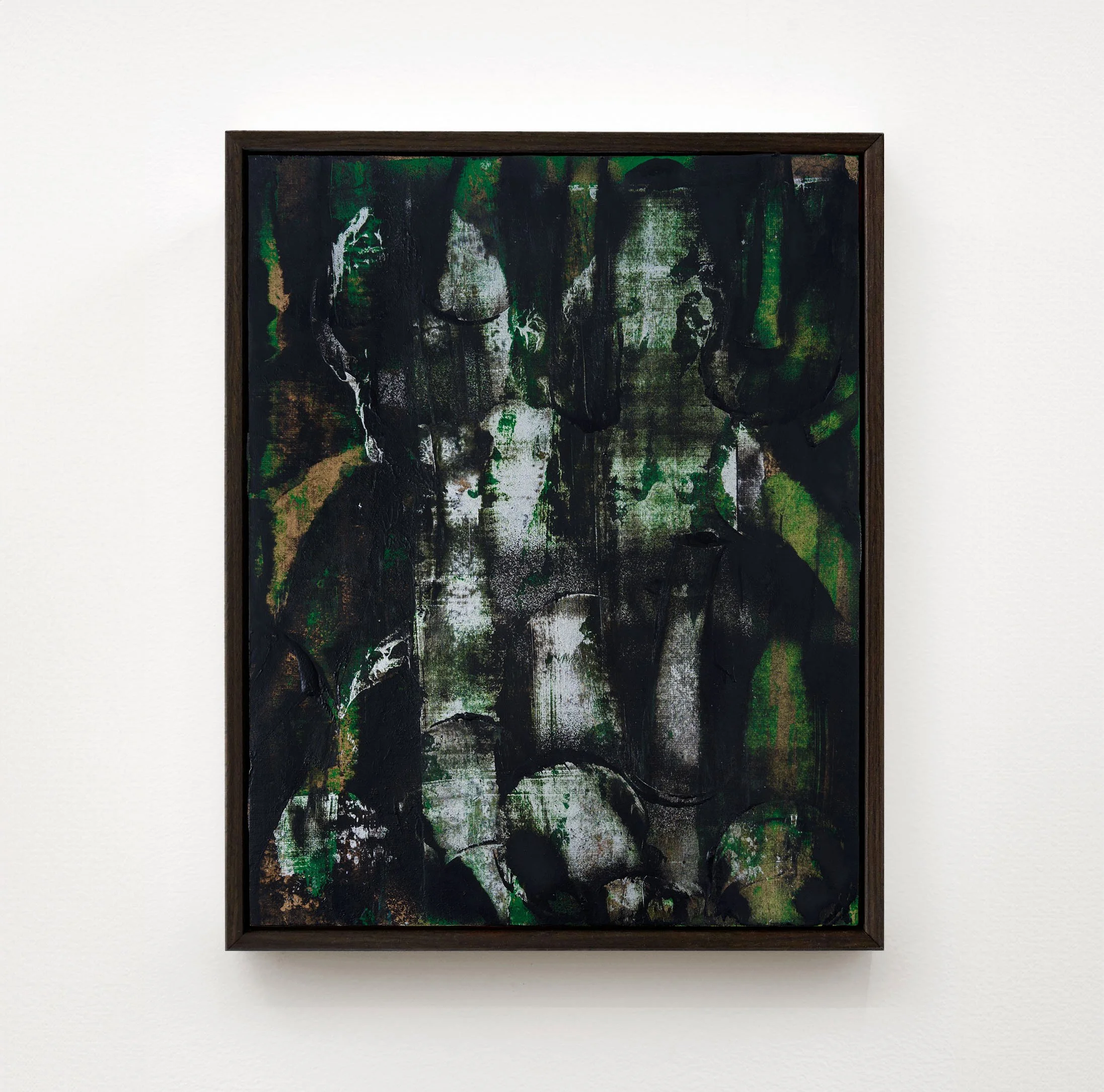  A Forest Mighty Black No 5, 2026  Acrylic, collage, and spray paint on canvas  14 x 11 inches / 35.6 x 28 cm  $900 