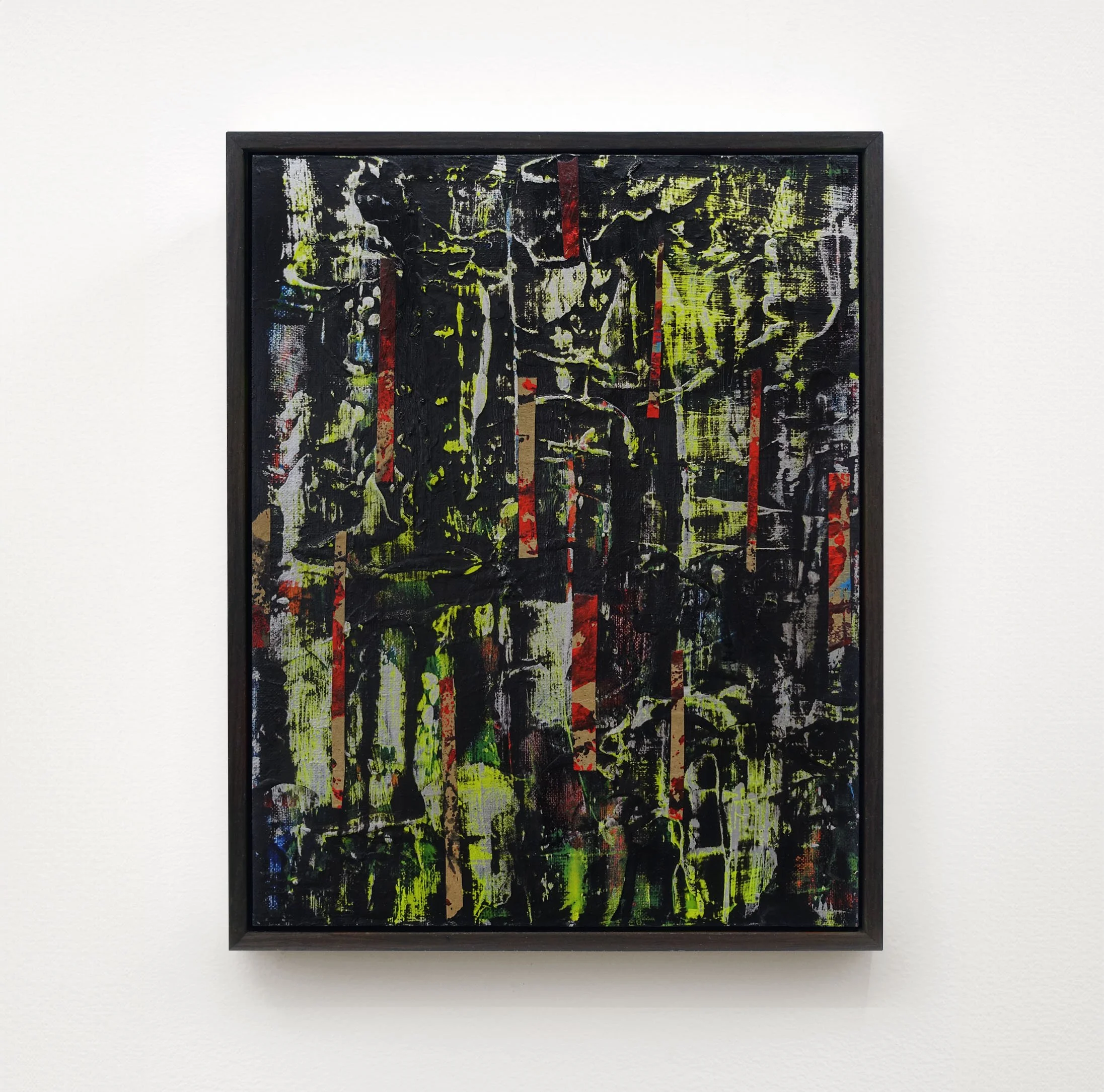  A Forest Mighty Black No 16, 2026  Acrylic, collage, and spray paint on canvas  14 x 11 inches / 35.6 x 28 cm  $900 