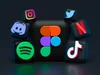 Digital illustration of social media app icons, including Instagram, Twitter, Discord, Netflix, Spotify, TikTok, and Figma, arranged around a central black block.