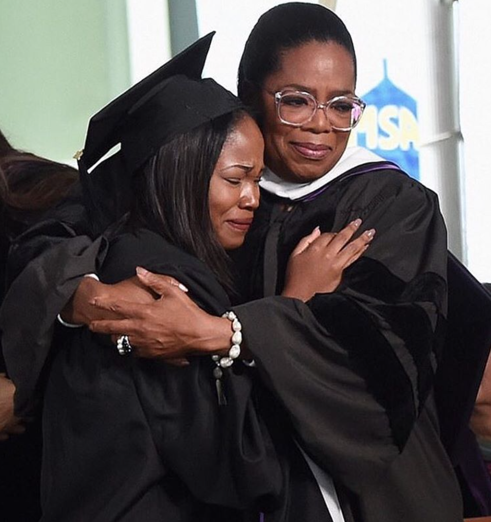 Sharing positivity on our TL: The Young, Ambitious, & Beautiful Oprah Winfrey is pictured hugging Sithokomele Mabaso, an alumna of the Oprah Winfrey Leadership Academy for Girls in South Africa. When the academy was opened, Sithokomele started as a 7th grader. Congratulations on your success Sithokomele!
