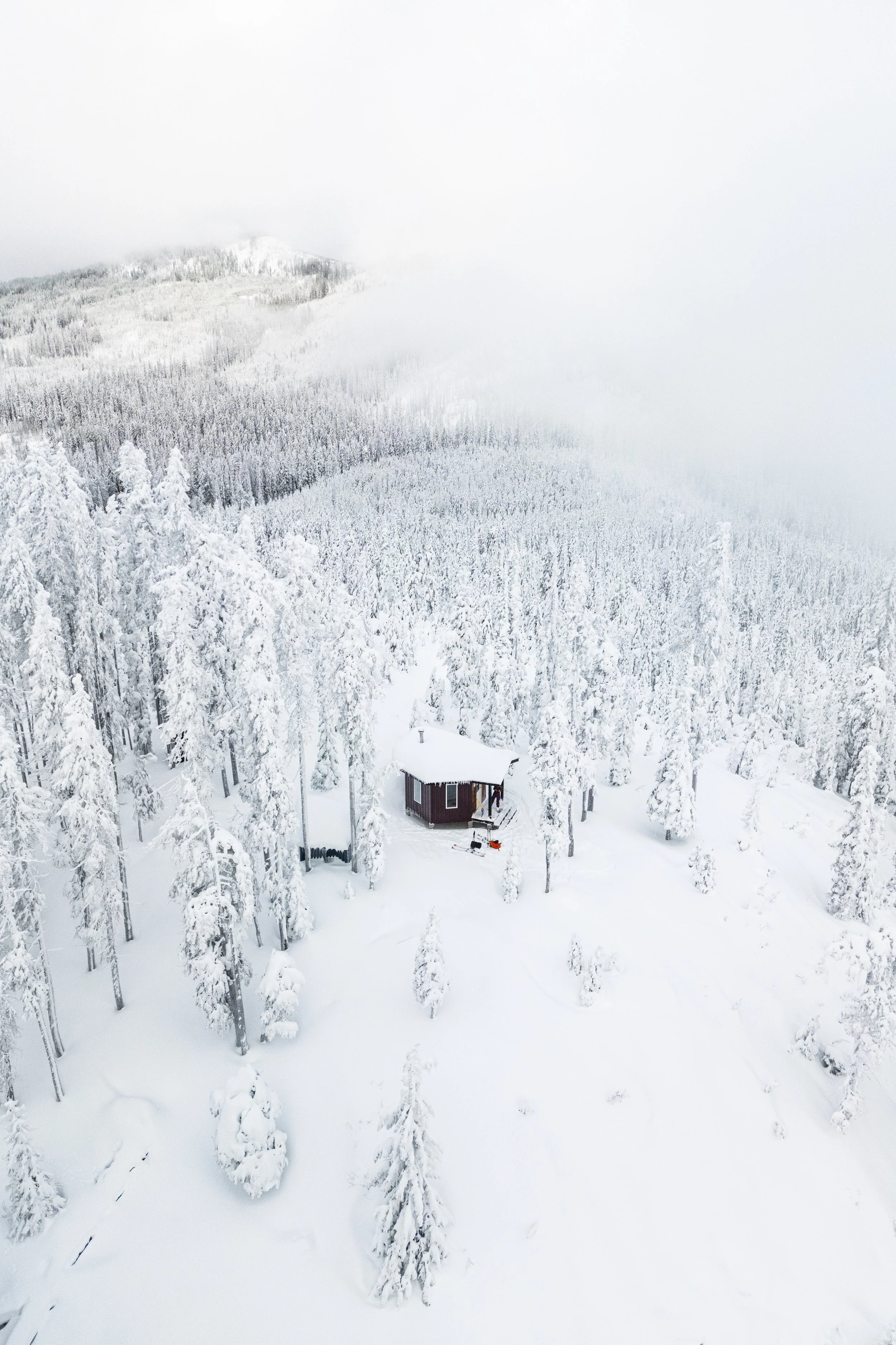 An aerial photograph of the eagles nest cabin in Rossland, British Columbia