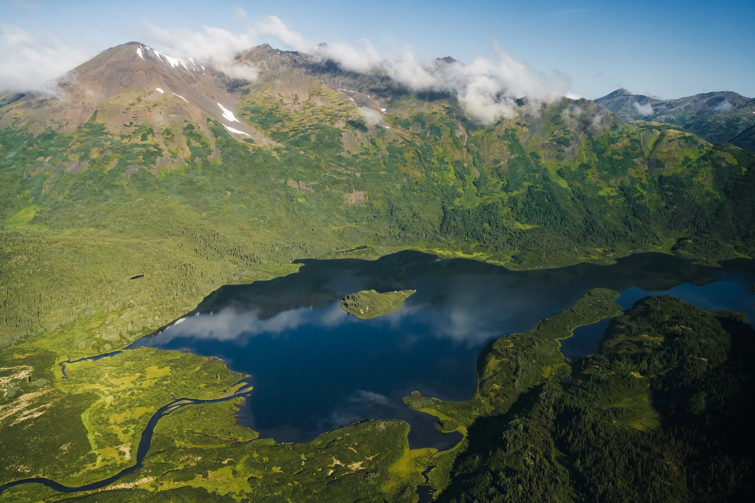 Aerial image of Happy Lake, in Spatsizi Plateau Wilderness Provincial Park. A large remote park in British Columbia's Northwest.