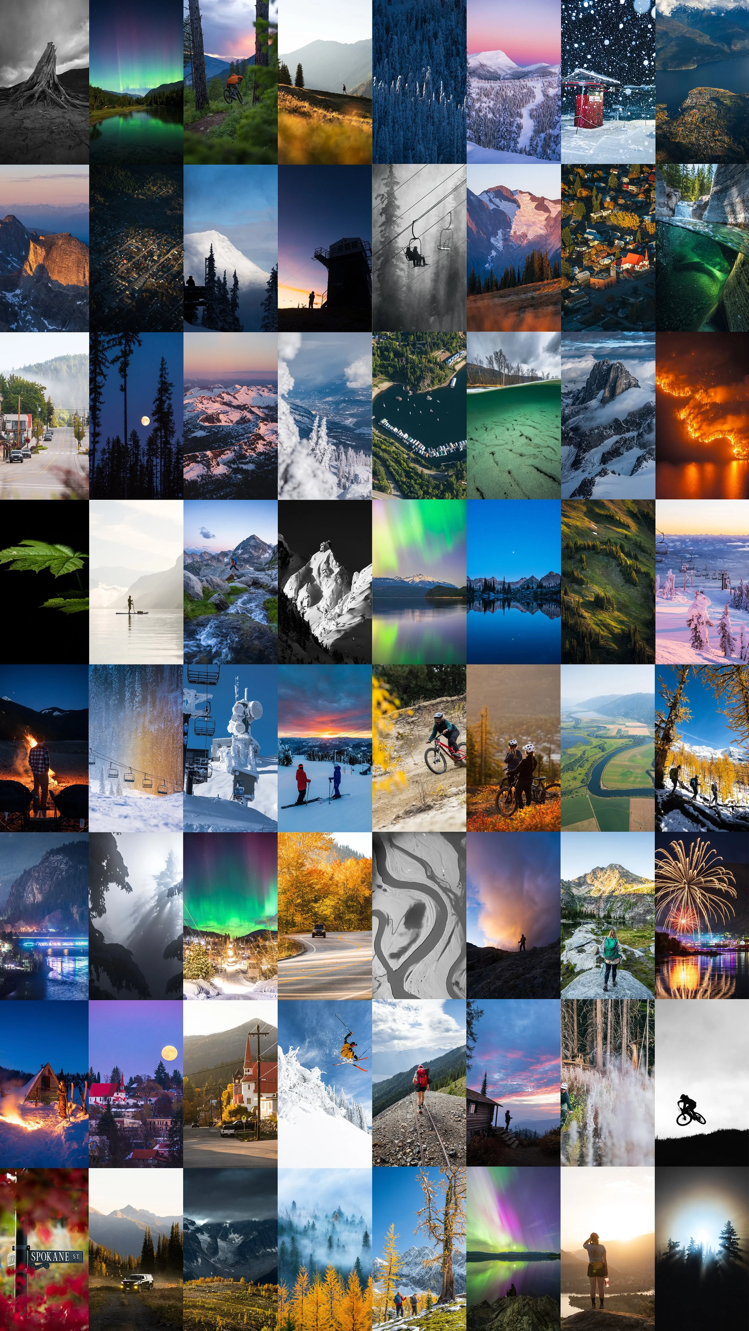 A collection of landscape and action photos of all different scenes of the West Kootenay Region