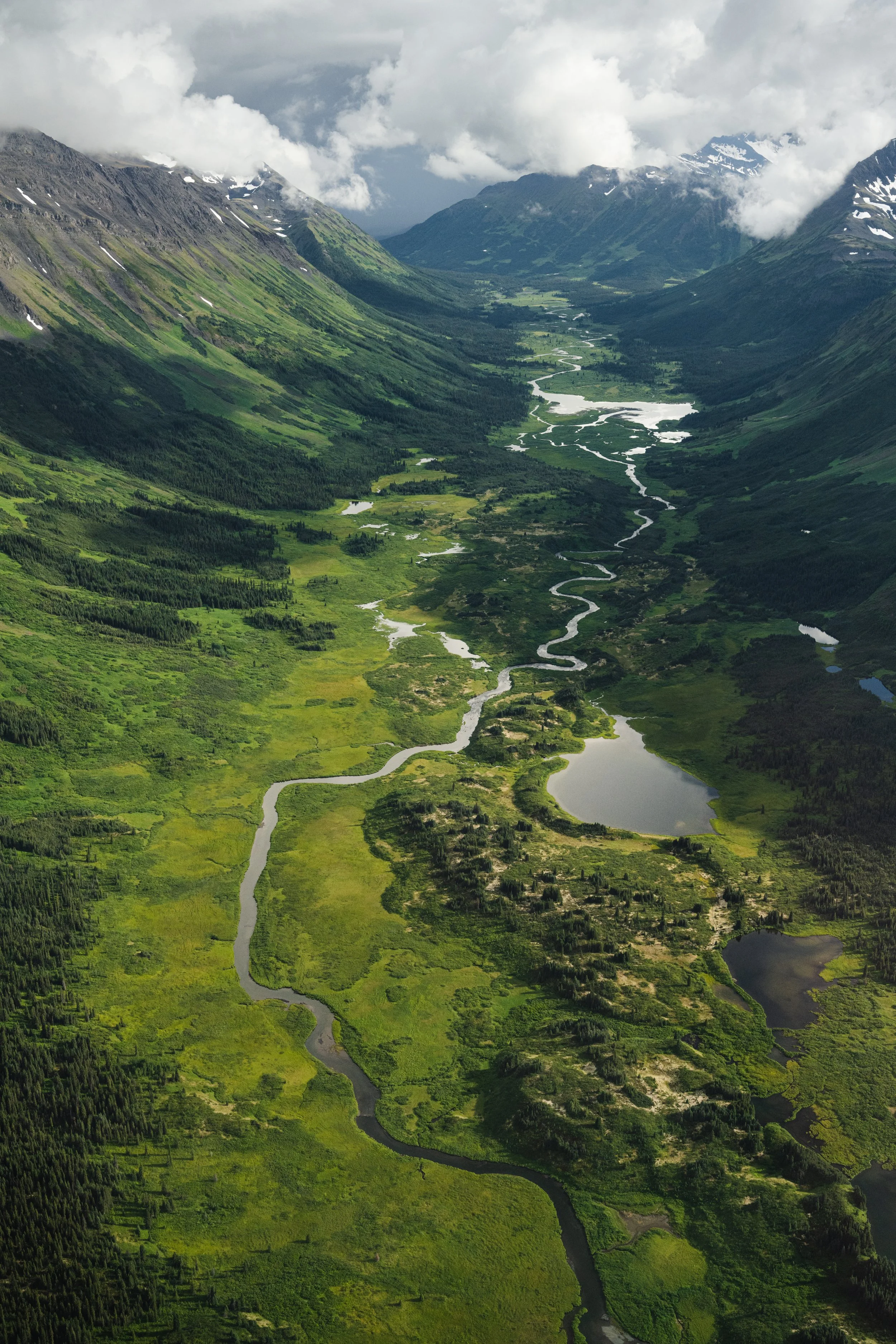An aerial photograph of the Duti River meandering through the valley in Spatsizi Plateau Wilderness Provincial Park, British Columbia , in the summer season