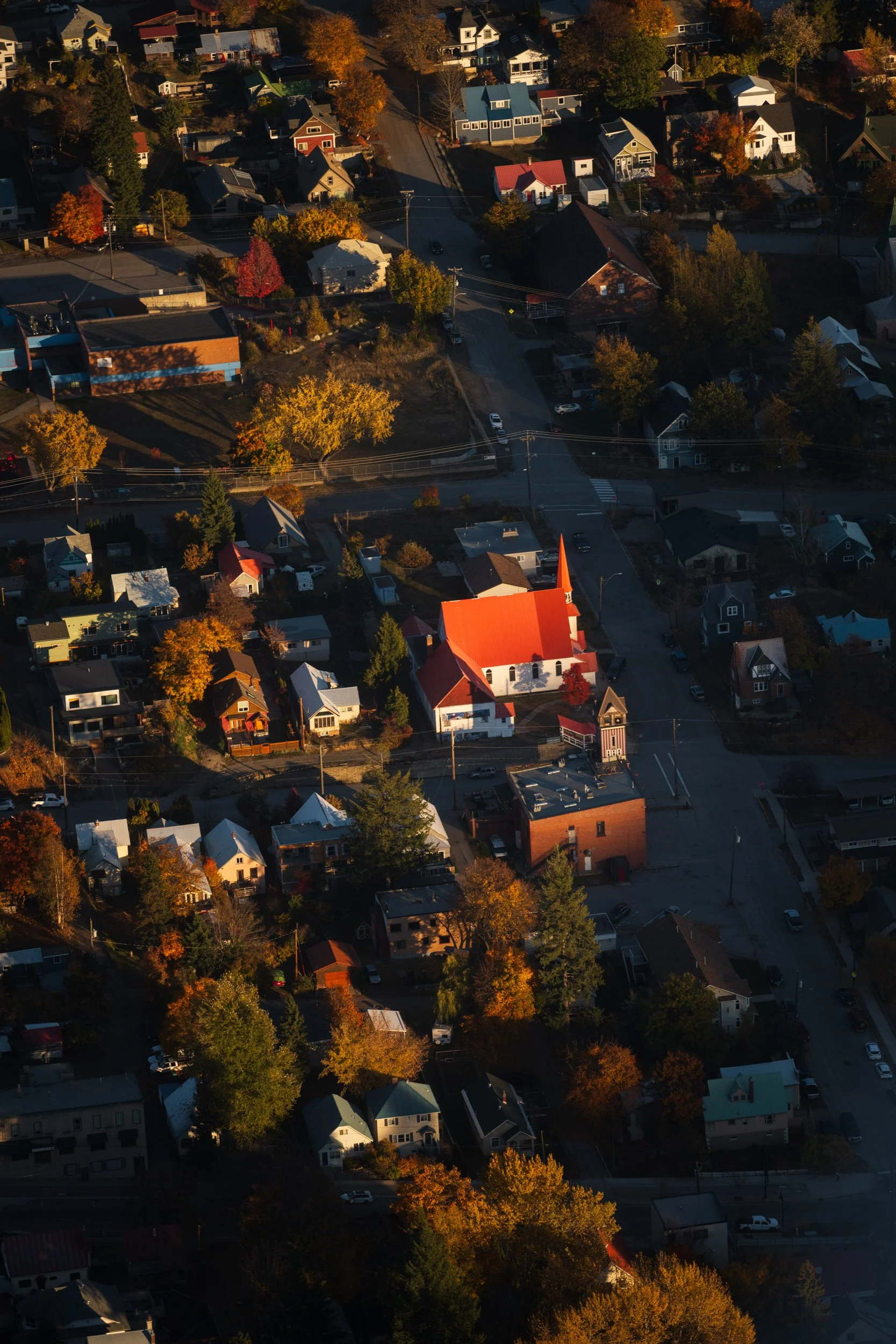 An aerial photograph of Rossland's Red Church, British Columbia
