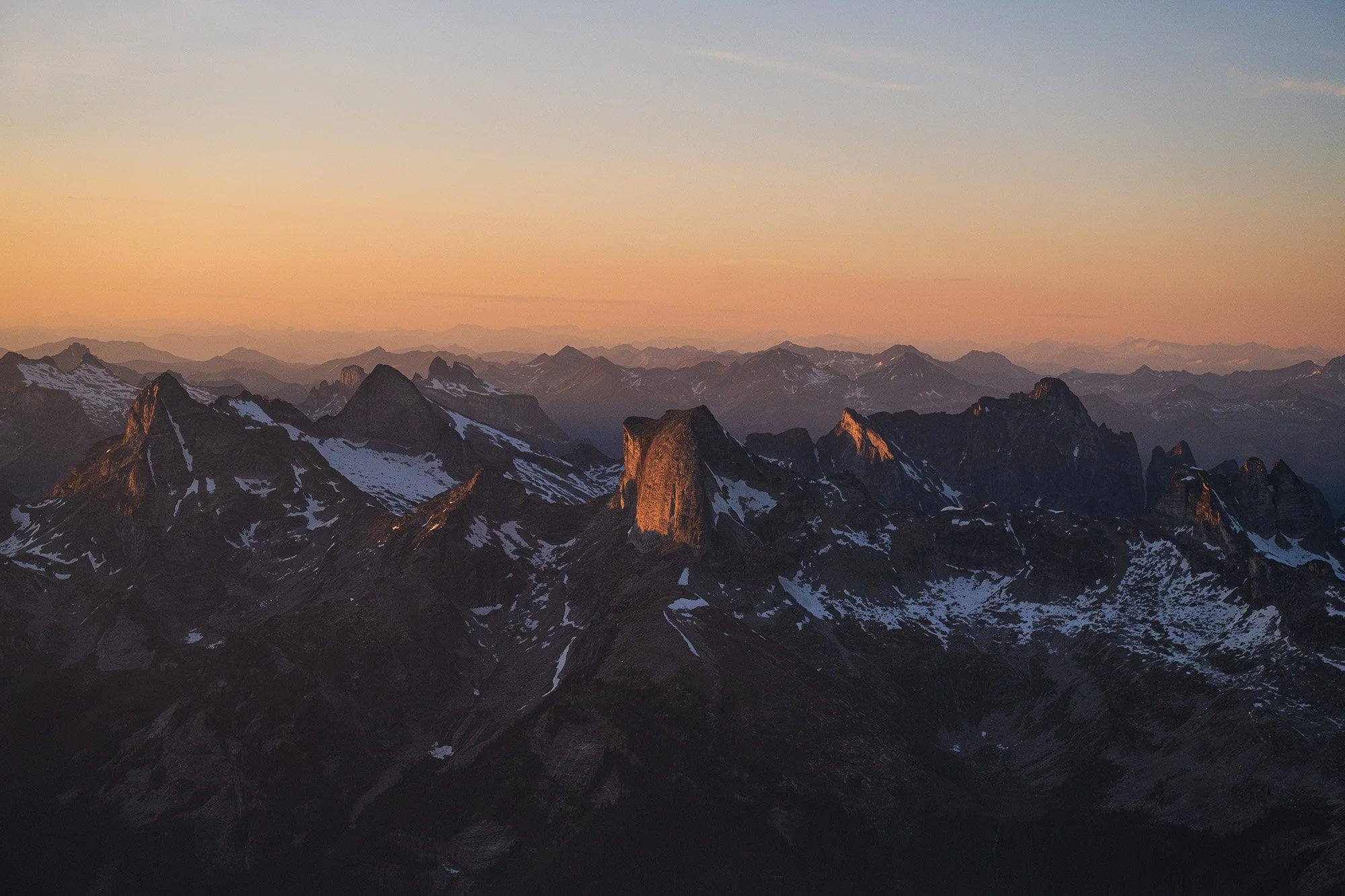 Sunset light on Gimli Peak and the Valhalla Range on a Spring Day.