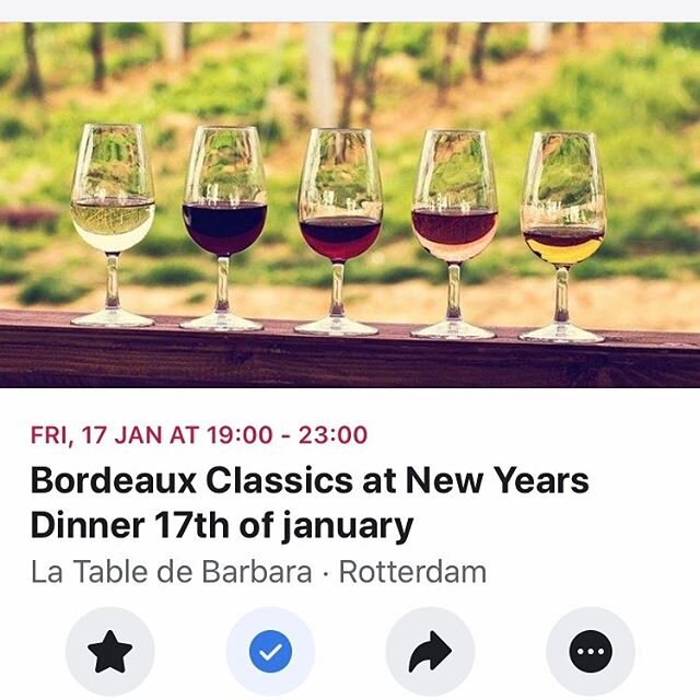 New Year&rsquo;s Dinner to start 2020 right!

For the first time a joined project between @la.table.de.barbara &amp;  @rotterdamwinelovers !

Friday, 17th of January is Bordeaux evening 🍷🍷🍷
@iamelef will pick some delicious classics from all over 