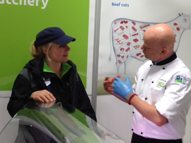 German Delegate Birgit Huetter talking to AHDB Butcher Martin Eccles