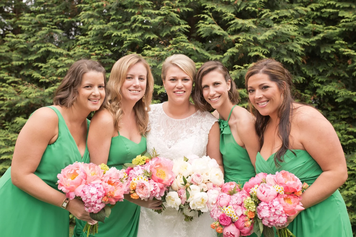 These bridesmaid dresses are all the same color, but all different designs. These are great if you have a bridal party with girls of all different shapes!
