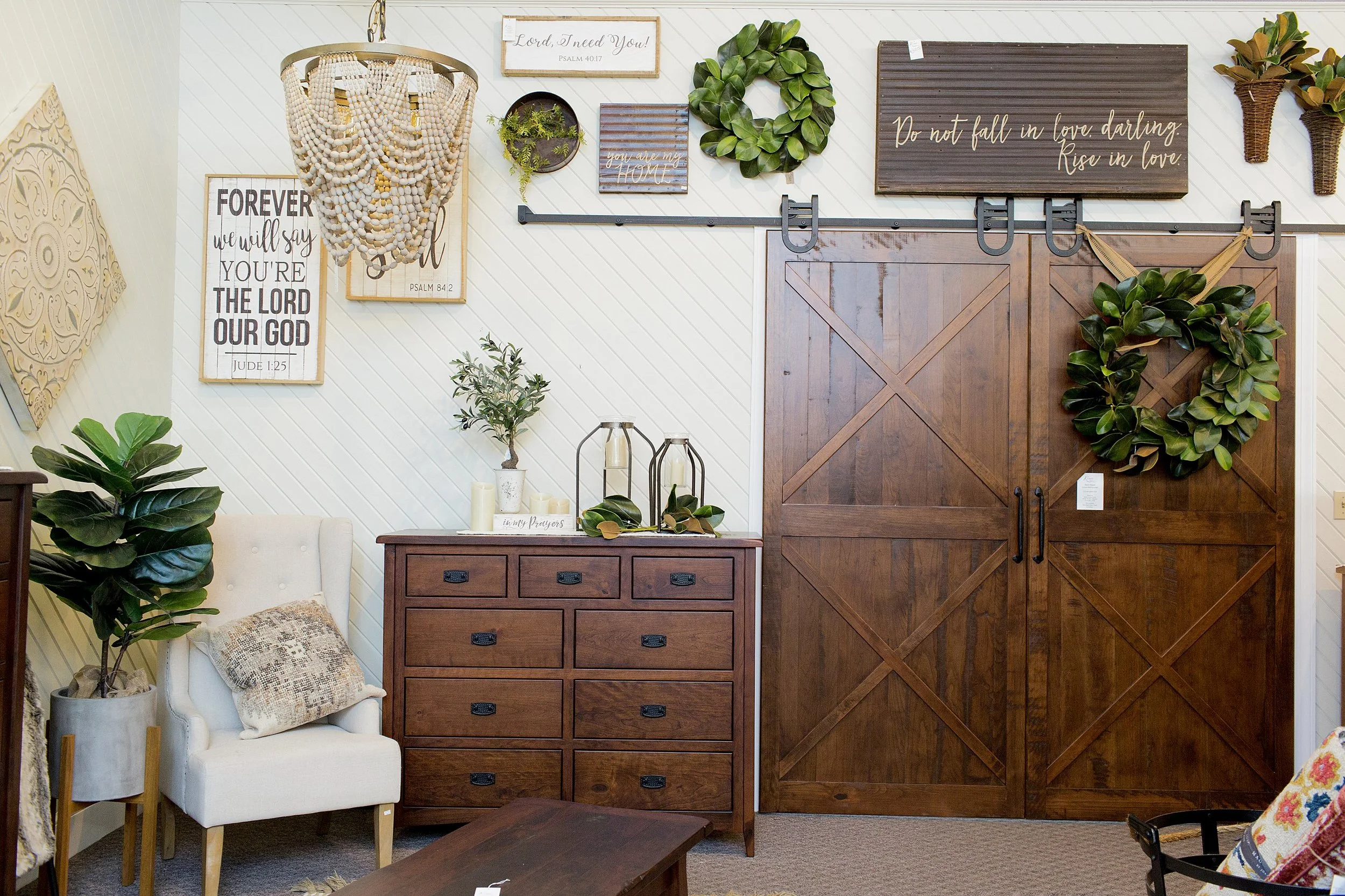 Everyone's new favorite wall and favorite room in the upstairs sections. This room features our Rough Sawn Bedroom Set. Click the button below to visit facebook for the complete set showcasing all the different pieces. 