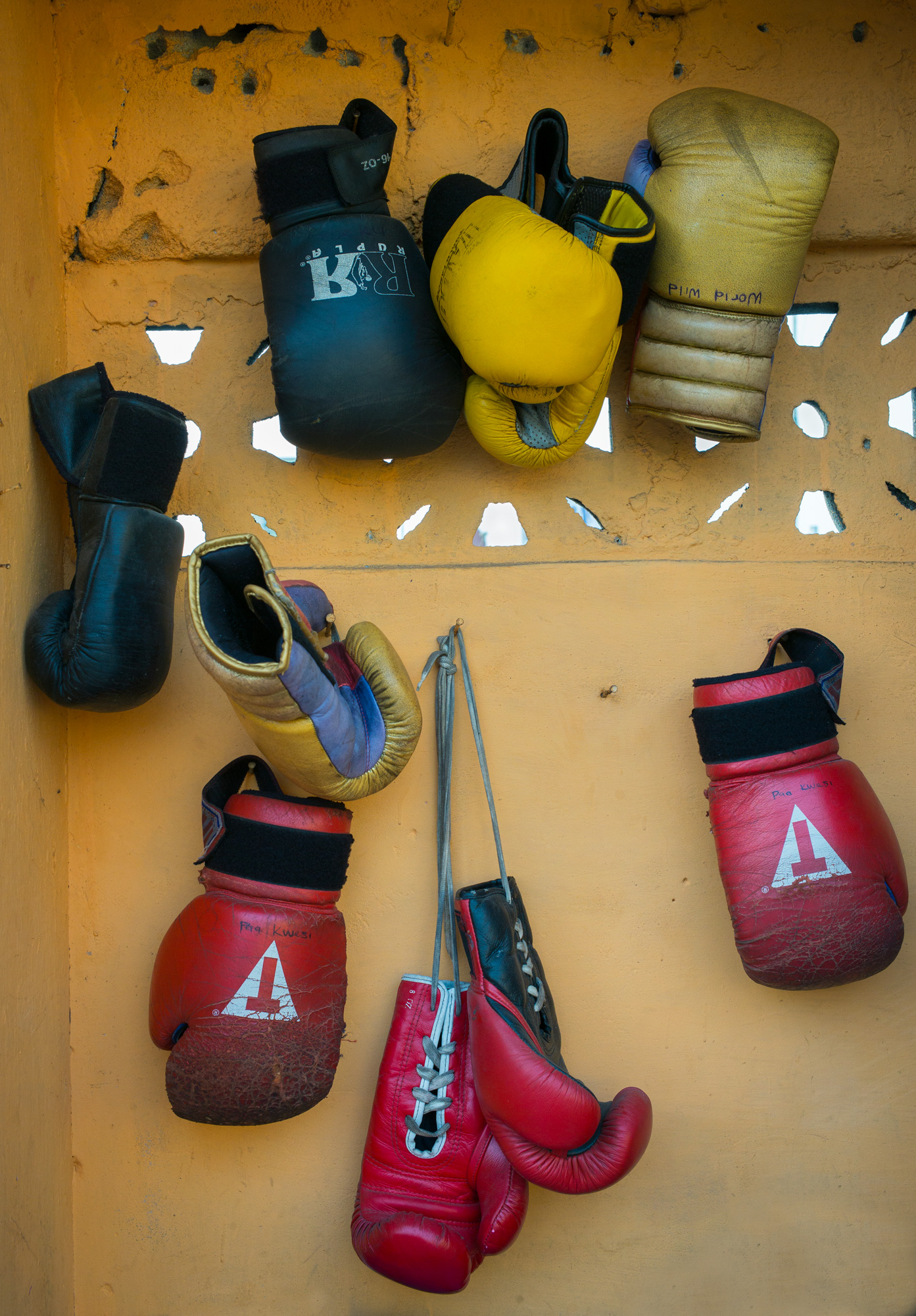  Boxing Gloves hanging at Discipline Boxing Academy, Jamestown 