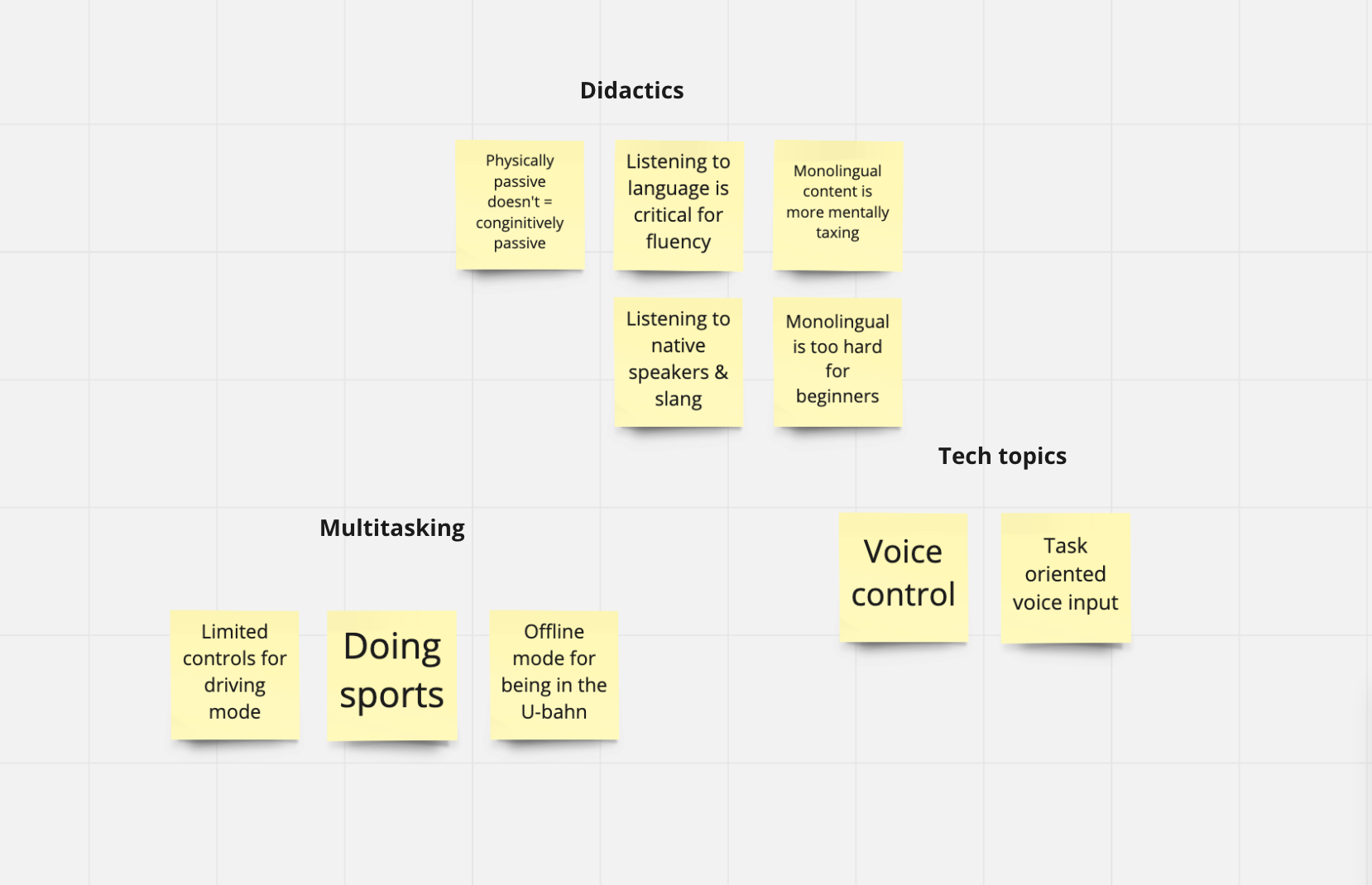 Some post-its from affinity diagram in the workshop - different considerations for creating audio learning features.