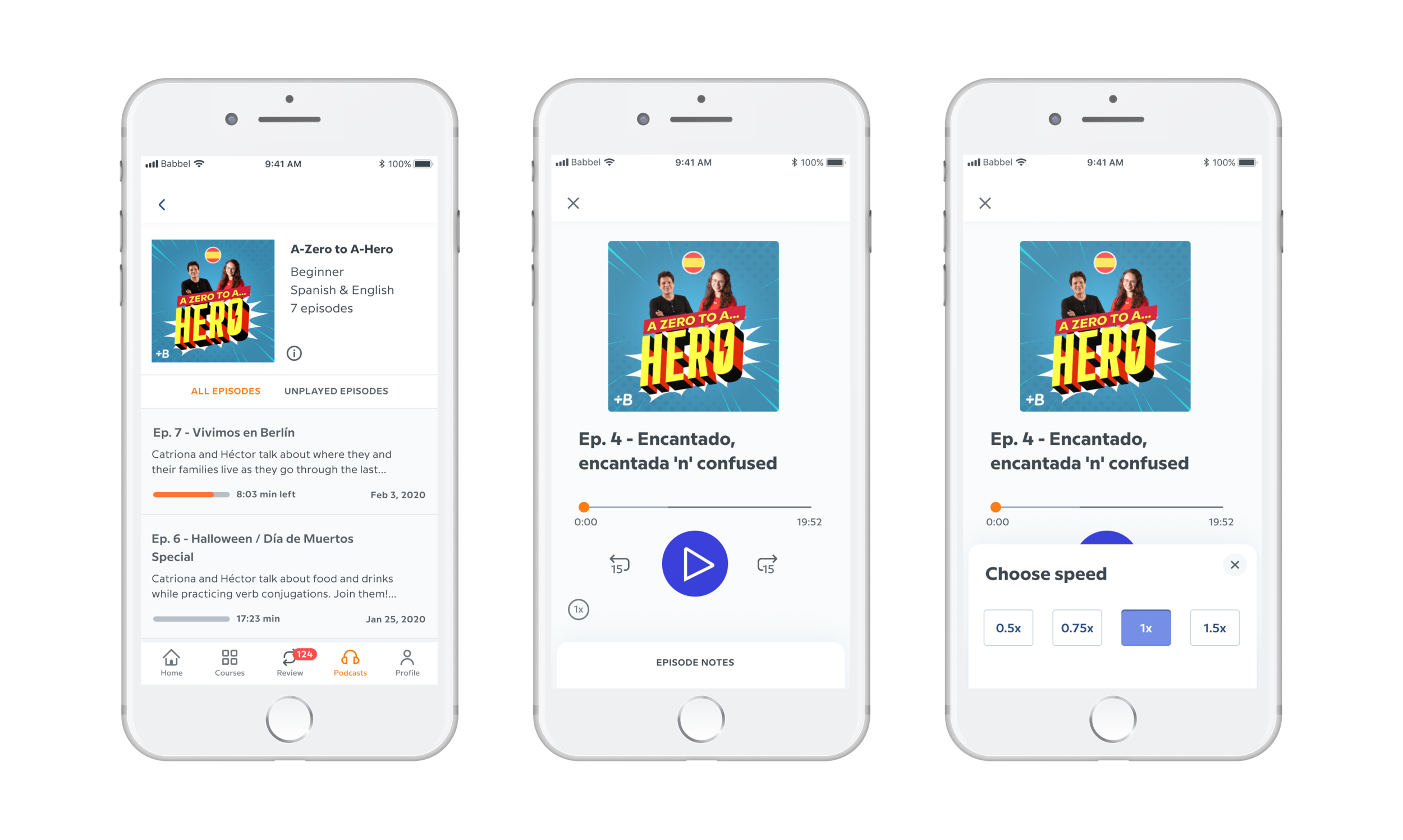 Designs for podcast episode listing, player and speed control.