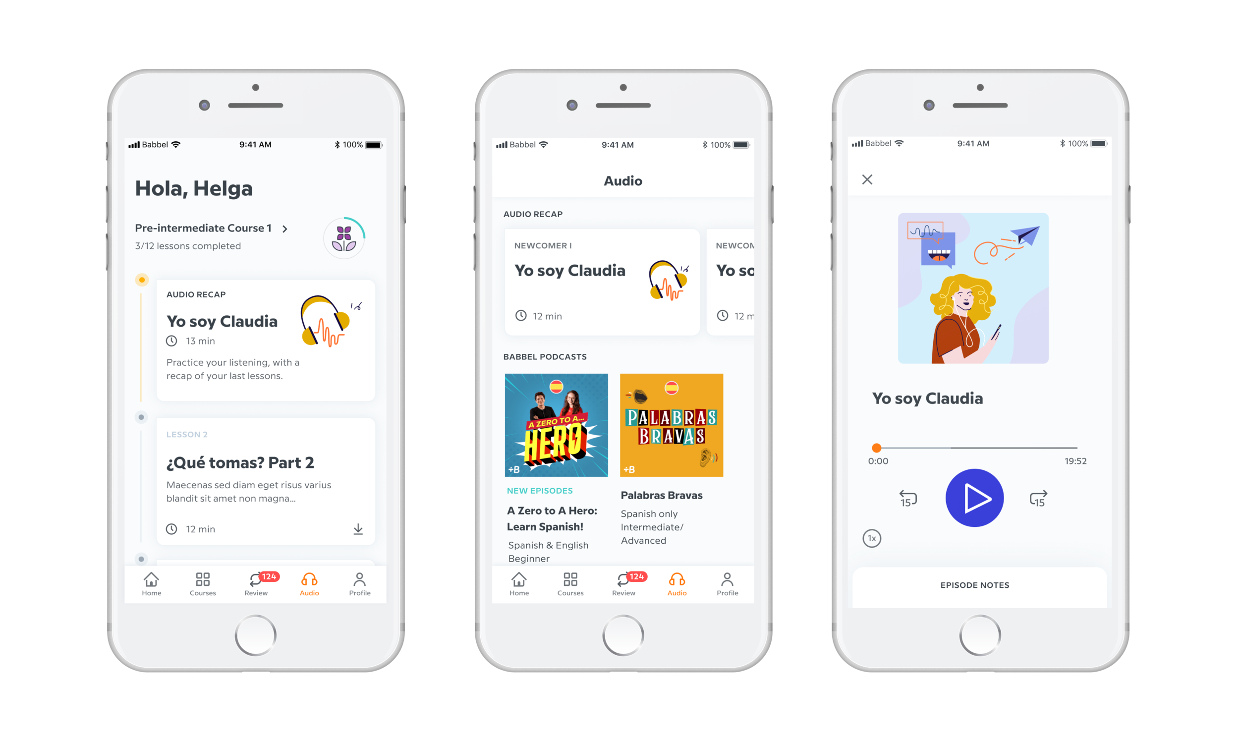 Designs for audio recap - a second idea to come out of workshop. Audio recap is a short 10-15 min audio summarising what the user has learned in the past 3 lessons. For the launch of audio recap, the ‘podcasts’ tab in the bottom navigation was chang…