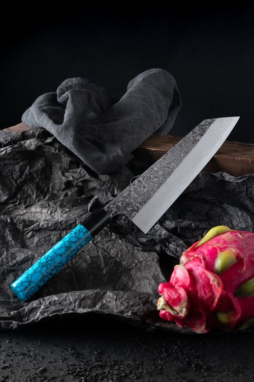 Couteau de Cuisine Japonais Professionnel en Acier Damas et Manche en Bois.  Couteau de Chef, Couperet de Cuisine, Couteau Boucher avec Ecailleur à  Poisson, Décapsuleur et Double Systèmes d'accroche - Zinello Design