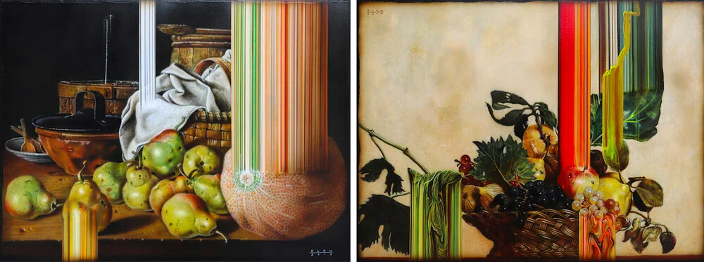 L: “Still Life with a Melon and Pears” (2019), acrylic on canvas, 45.7 x 61 cm / R: “Fruit Basket” (2019), acrylic on canvas, 45.7 x 61 cm