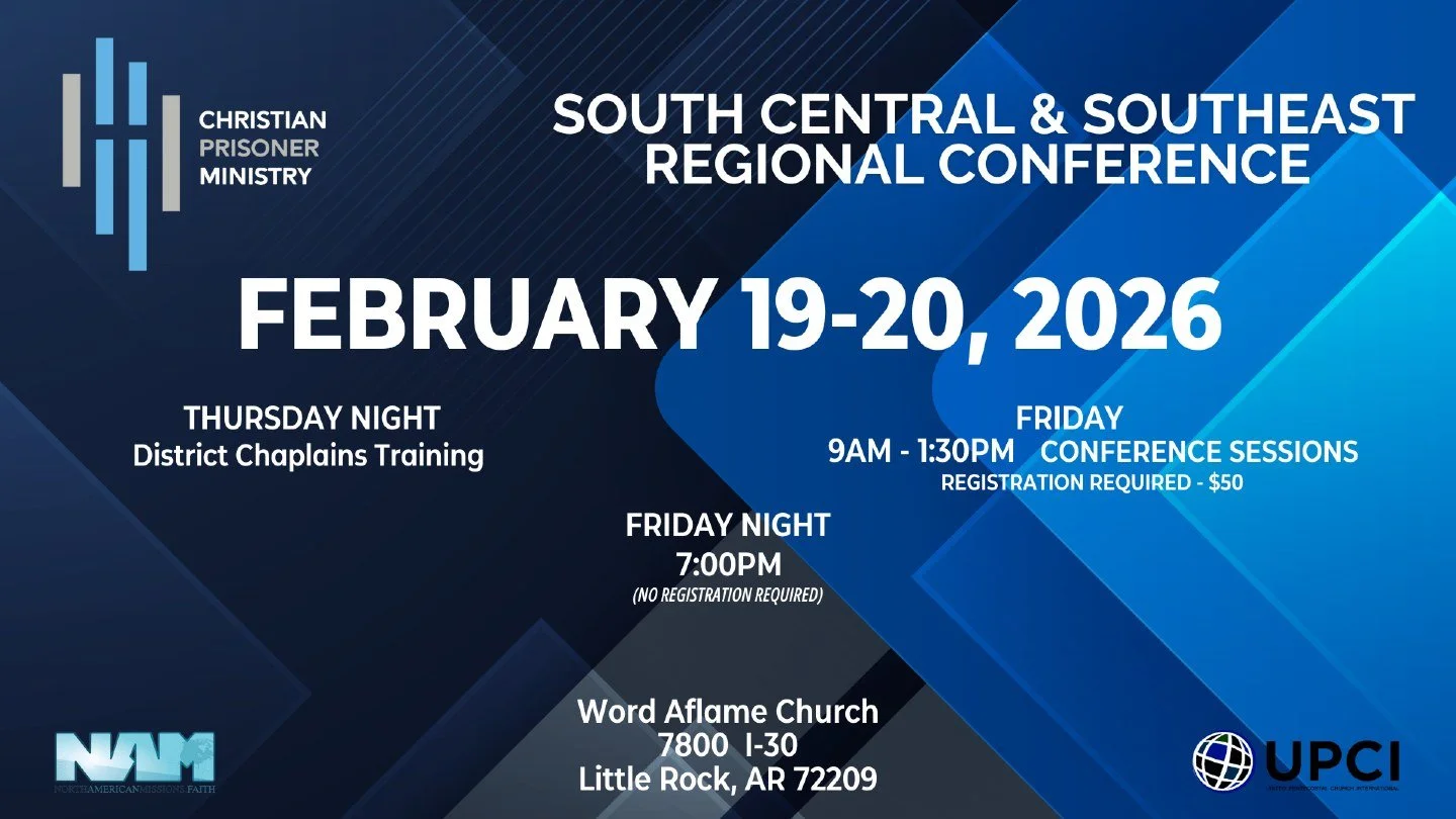 2026 CPM Regional Conferences // Registration per person $50 // https://prisonministry.faith/
Join us for a focused time of training, equipping, and empowering leaders and volunteers in prison, jail, and addiction recovery ministry.
🗓️ Thursday | 6: