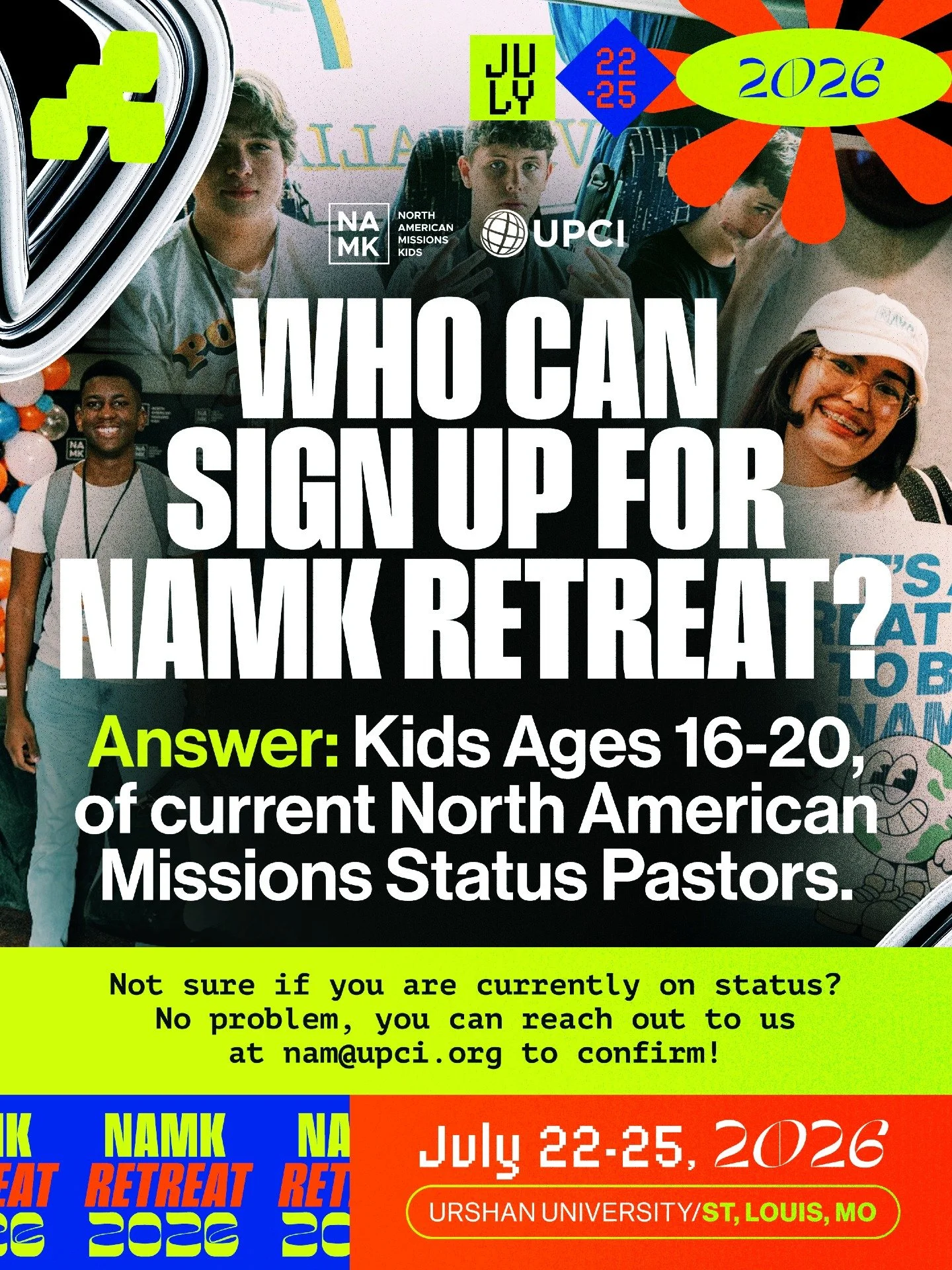 Hey there @upcinamkids! Be sure to head on over to https://www.northamericanmissions.faith/namkids and register for NAMK Retreat! 😱😁