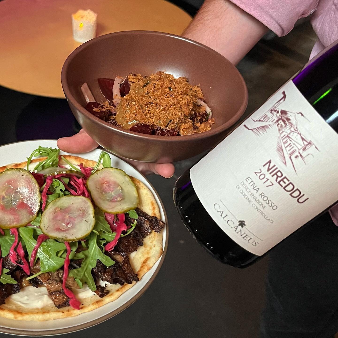 Nireddu 2017 Etna Rosso - Pairs perfect with our Yuba Shawarma and Beets. We also got @caren__ep dj&rsquo;ing tonight, come by!