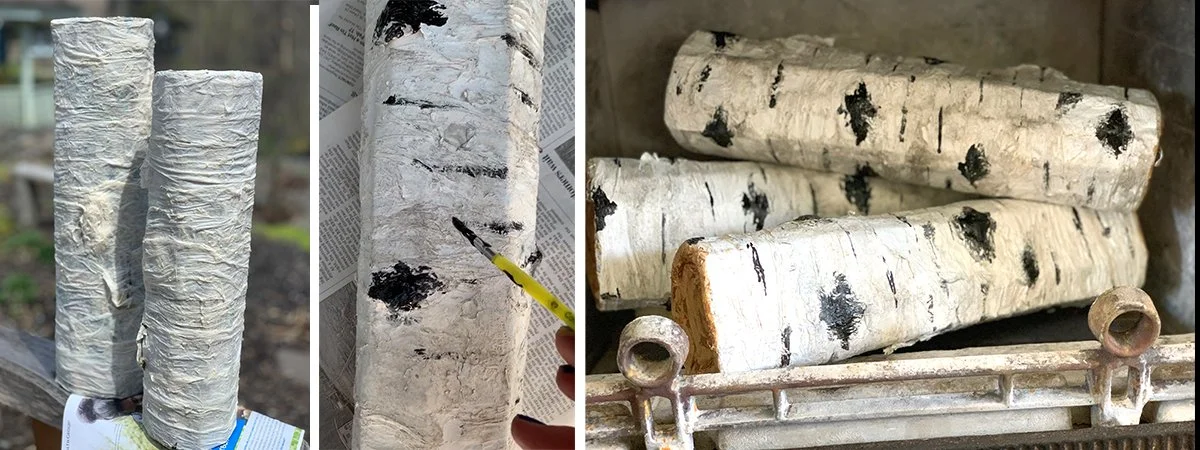 Papier Mache brch logs made from pizza boxes