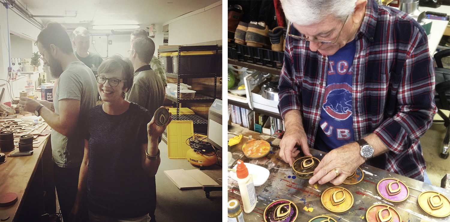 Left: Anna Worley and Aaron Hardin chipping away at the laser cutter. Right: Richard Tenhet gluing the ornament overlays to the bases. 