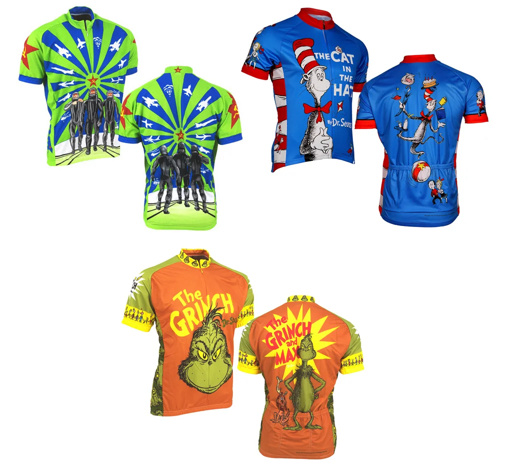 Bicycle jerseys designed from vintage posters and Dr Suess' artwork. Final jerseys created using dye sublimation process.