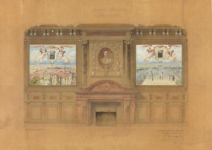 Ernest Georges Coquart, Palais de Justice de Paris, Grand Chambre de la Cour de Cassation, élévation côté de la cheminée, 1882. Photo (C) RMN-Grand Palais (musée d’Orsay) / Hervé Lewandowski Source: Lien