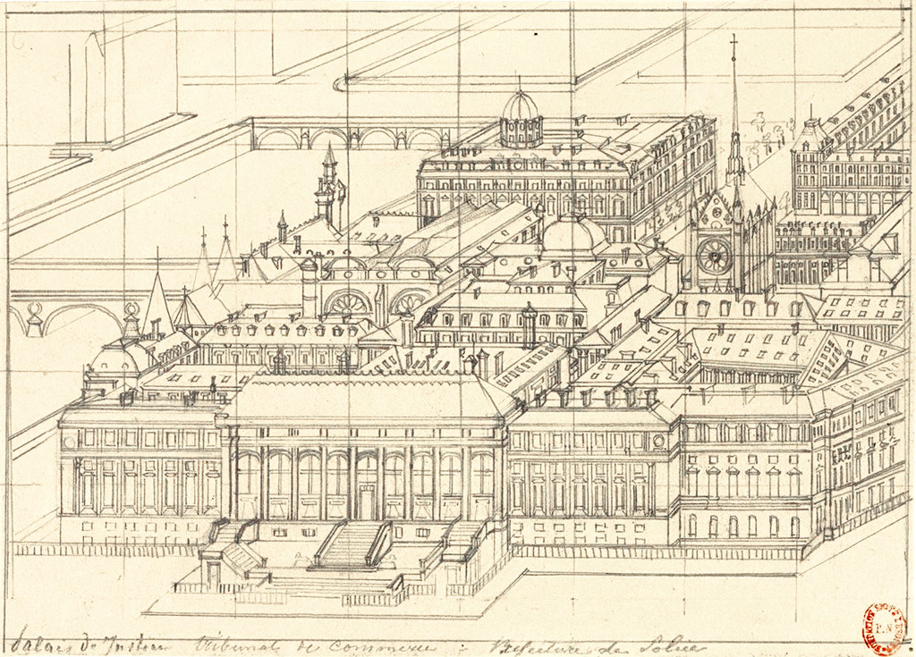 Axonometry of Hubert Clerget of the Palais de Justice - tribunal de Commerce - Préfecture de Police, 19e century. Source: Lien