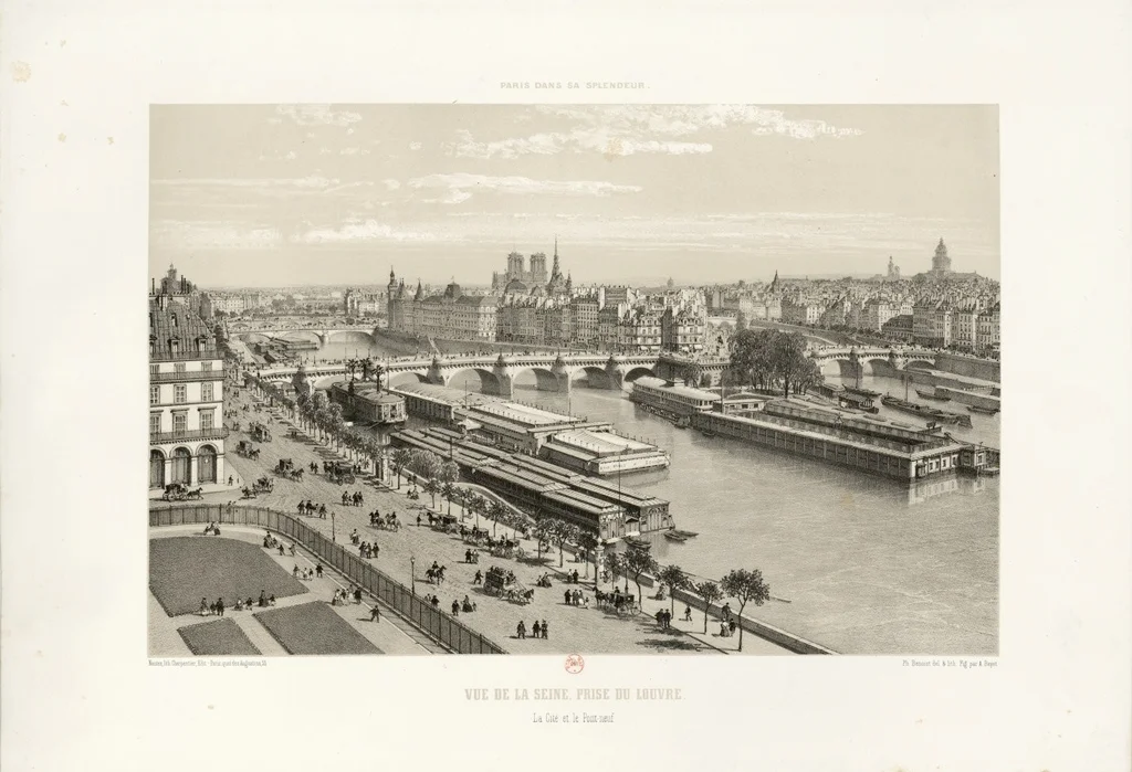 Vue de la Seine, prise du Louvre La Cité et le Pont-Neuf, estampe de Ph. Benoist et A. Bayot. Source: BnF - Lien
