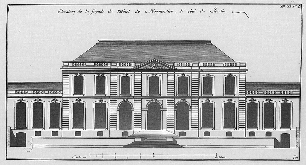 Arch. Jean Courtonne. Façade de l'hôtel de Noirmoutier, ou hôtel de Sens, actuellement résidence du préfet de région, 1723 Source: BnF - Lien