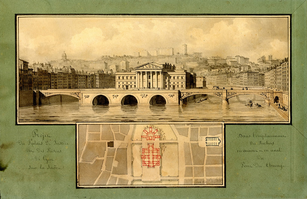 Arch. Louis Pierre Baltard (1764-1846) Source: Musée Gadagne - Lien Le Palais de Justice fut finalement construit sur la rive ouest.