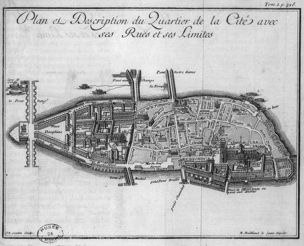 Jean-Baptiste Scotin (1678-17..) Description de Paris, de Versailles, de Marly, de Saint-Cloud, de Fontainebleau et de toutes les autres belles maisons et châteaux des environs de Paris" / Jean Aimar Pigagniol de la Force, Paris, Théodore Legras, 1742 Source: BnF - Lien