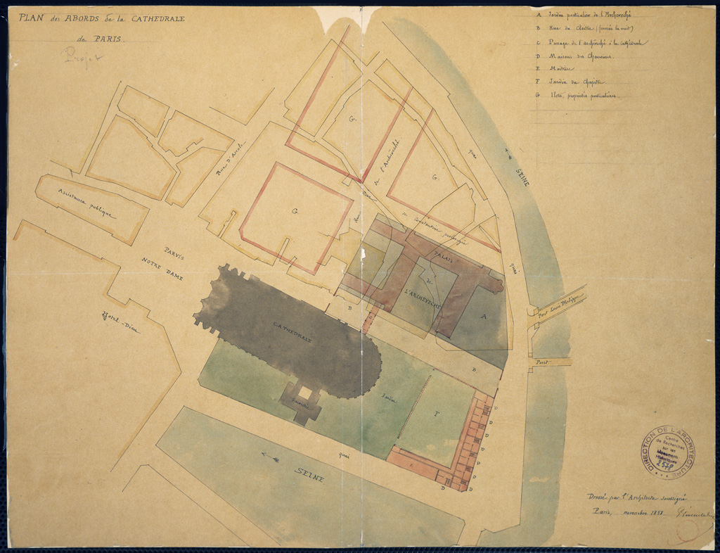 "Plan des abords de la cathédrale de Paris" (Projet) - 1858 Source: Lien