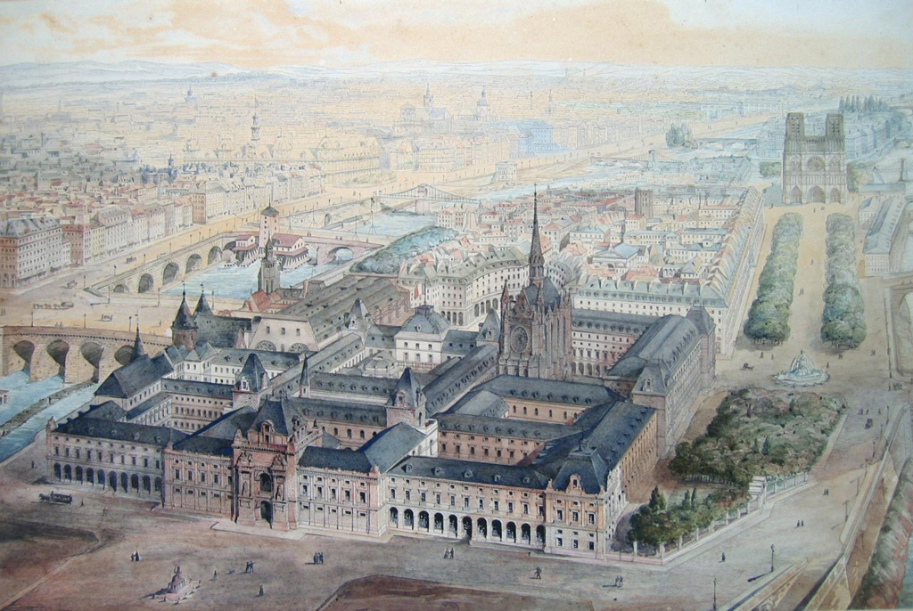 Palais de Justice de Paris. Vue générale du projet approuvé par le conseil général de la Seine du 28 octobre 1838 Architecte : Jean-Nicolas Huyot Sources : Collection Paris Musées