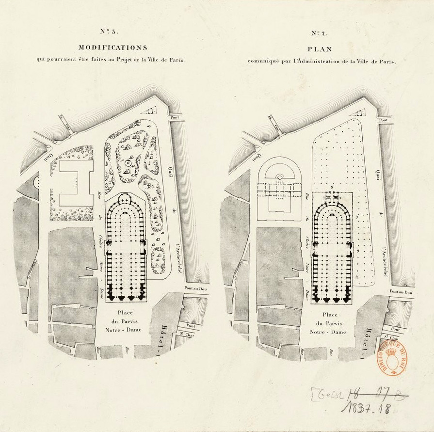 Plans proposés pour la construction de l'archevêché de Notre-Dame de Paris, lith. de Letronné, 1837. Crédits: BnF - Gallica Source: Lien
