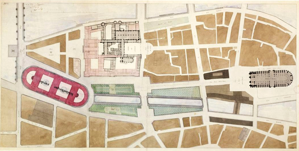 Projet d'extension du Palais de Justice et de remodelage partiel de ses abords, avec un couvrement partiel du bras sud de la Seine, la construction d'une bibliothèque royale et un nouvel alignement pour plusieurs îlots de part et d'autre du bras du fleuve. Projet d'aménagement urbain, cathédrale Notre-Dame et ancien hôtel-Dieu. Arch. Louis-Charles-Théodore Charpentier, 1842. Crédits: Musée Carnavalet Source: Lien