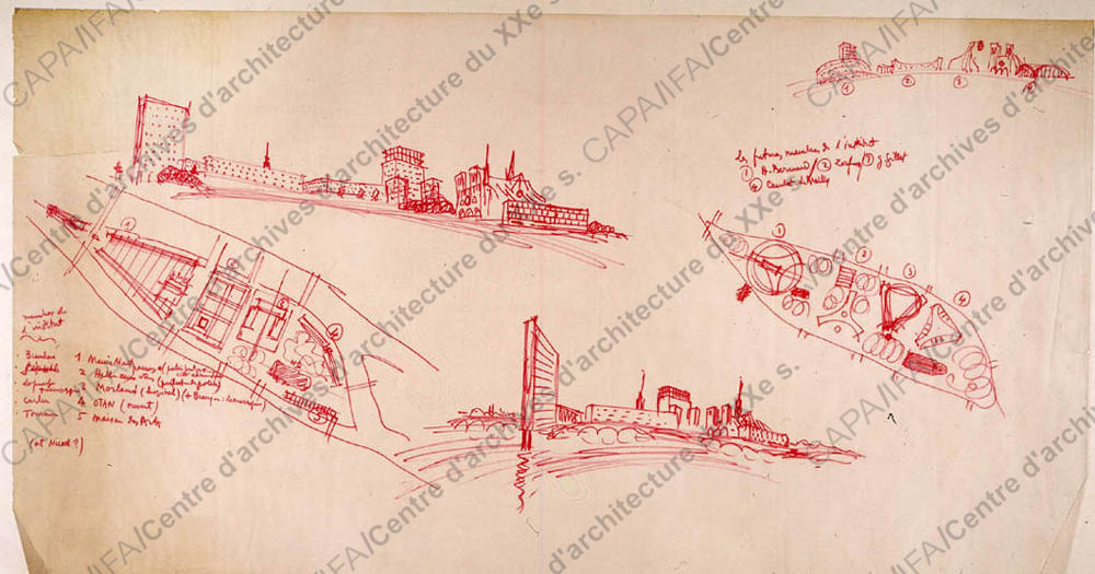 Claude Le Coeur, aménagement futuriste de l'île de la Cité. Crédits: SIAF / Cité de l'Architecture et du Patrimoine / Archives d'architecture du XXe siècle Source Lien