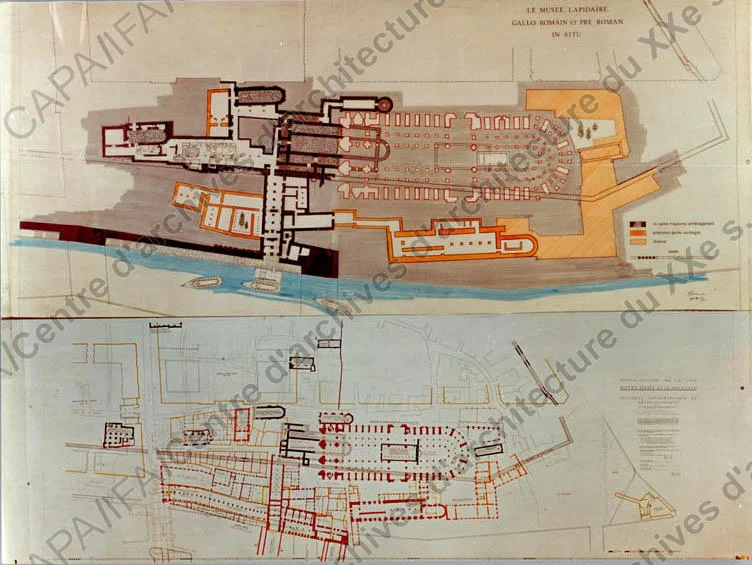 1966-67 Vue de l'étude en plans (non réalisée) Crédits SIAF / Cité de l'Architecture et du Patrimoine / Archives d'architecture du XXe siècle Source Lien