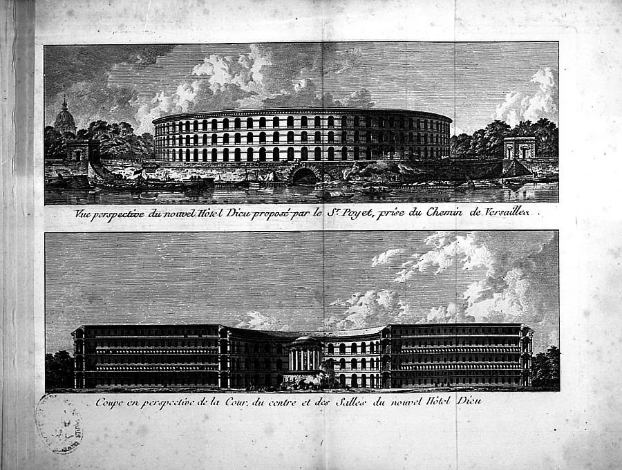 Vue perspective du nouvel Hôtel Dieu proposé par le sieur Poyet ; coupe en perspective de la cour, du centre et des salles du nouvel Hôtel Dieu Bernard Poyet, 1785 Crédits : BIU Source: Lien