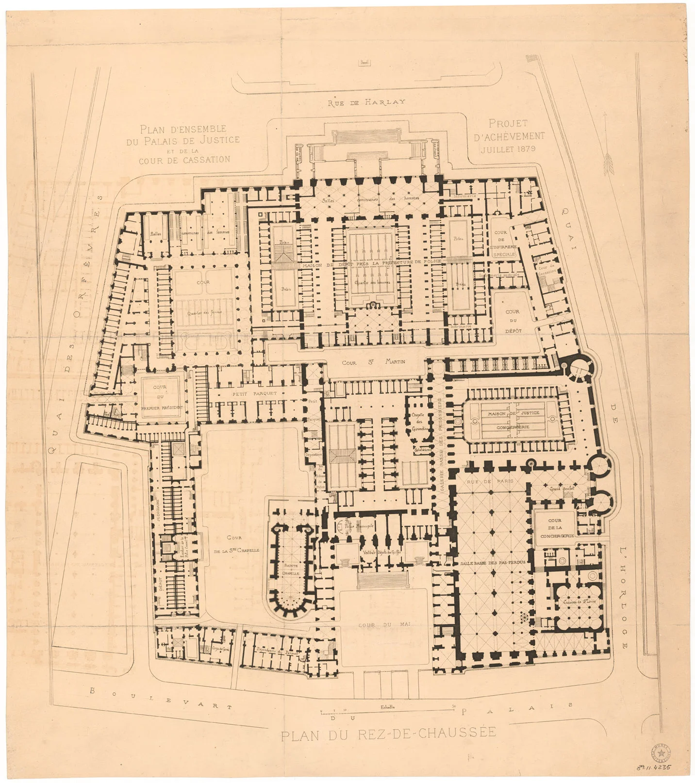 Plan d’ensemble du Palais de Justice et de la Cour de Cassation (Paris). projet d’achèvement juillet 1879 : rez-de-chaussée. 1896