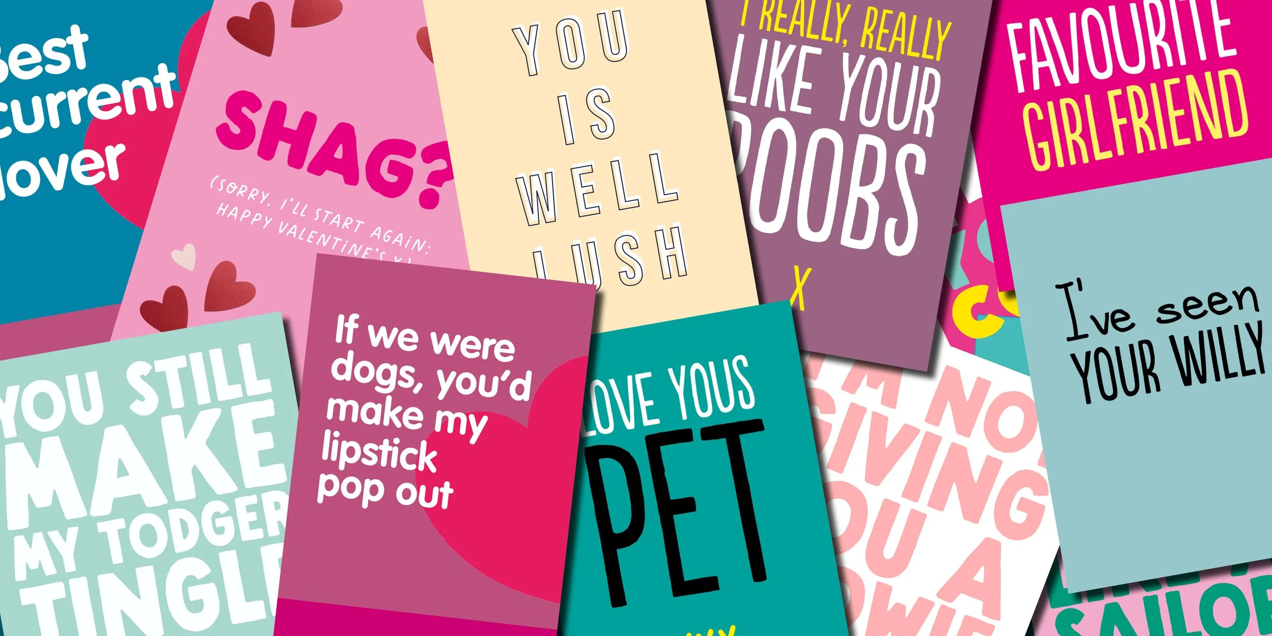 Collection of colourful Valentine's greeting cards in a collage style, overlapping.