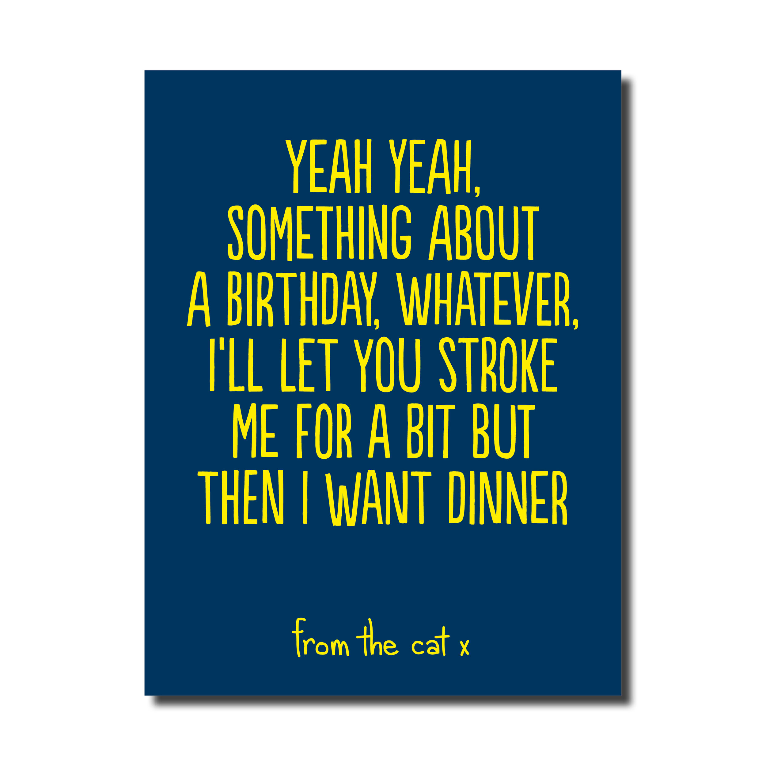 A Birthday card card that says - Yeah yeah something about a birthday - from the cat