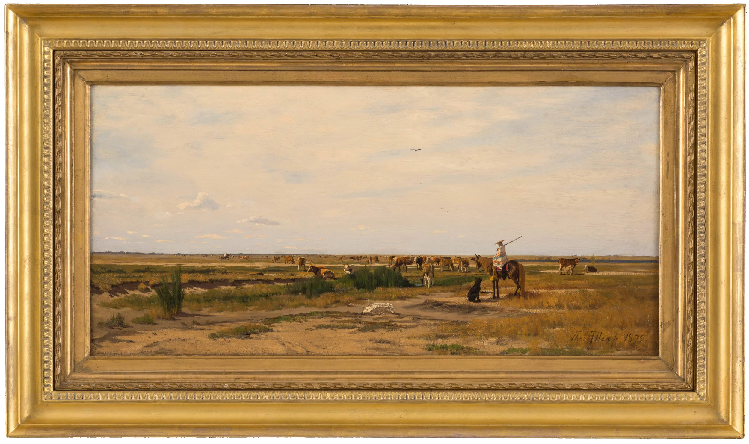 Thomas Allen (1849-1924), A Prairie Scene with Mexican Herdsmen and Cattle, 1879, 16” x 32.5”, oil on canvas. Courtesy Rainone Galleries, Inc. Arlington, Texas. High Resolution image by David Wharton Photography of Fort Worth.