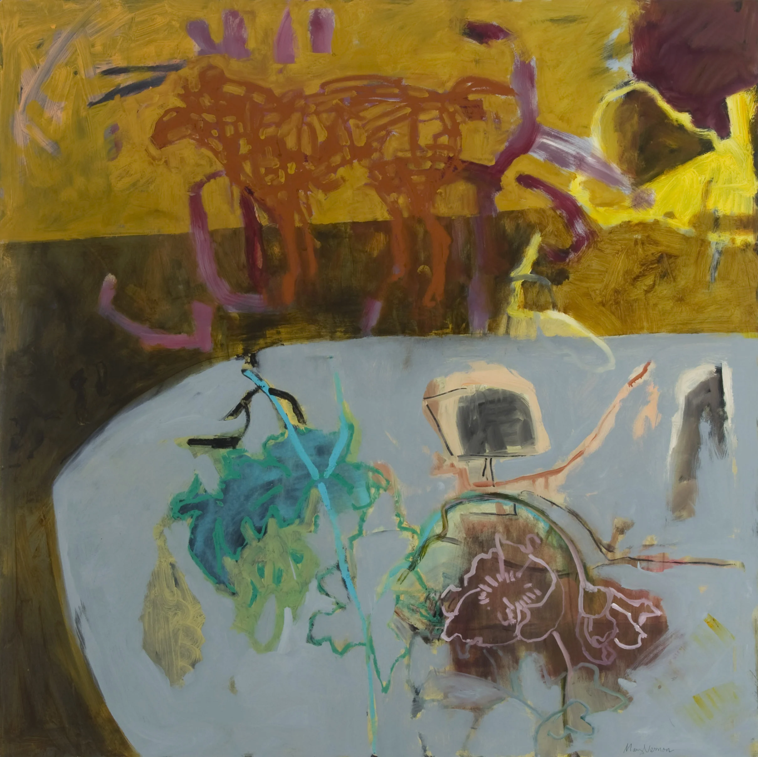 MARY VERNON, Green Table with Horse , 2013, oil and ink on gessoboard, courtesy of the artist.