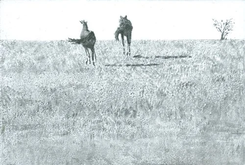 Katie Maratta, 2 Horses Running , 2015, graphite, ink, pastel, and watercolor on archival fiberboard, courtesy of the artist.