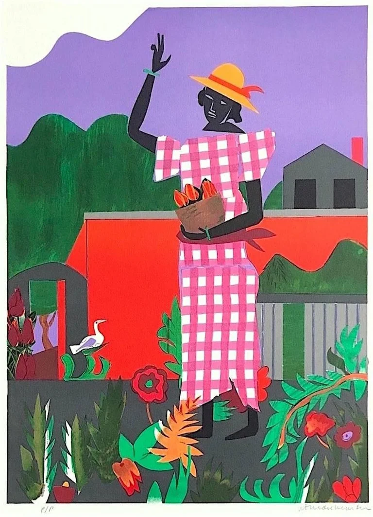 ROMARE BEARDEN, Girl in the Garden, 1979, lithograph, Collection of The Grace Museum