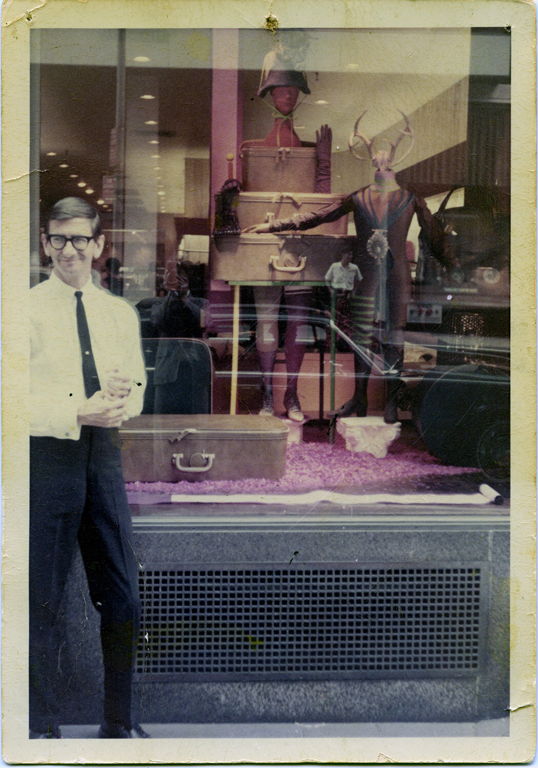 Clint Hamilton in front of (his) Bonwit Teller window design, 5th Avenue, August 4, 1966