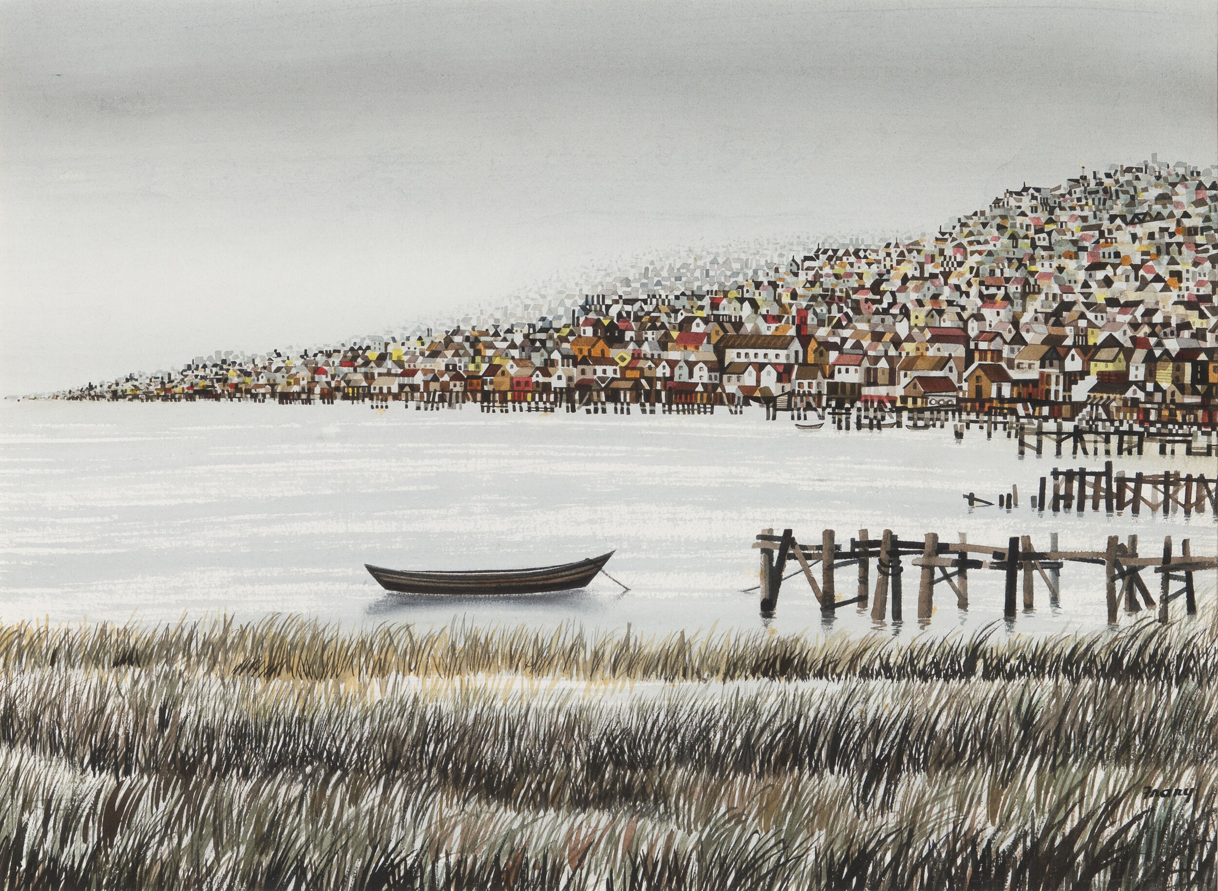 MICHAEL FRARY, Row Boat, 1959, watercolor on paper, Collection of the Grace Museum, Gift of Dorothy and Terrell Blodgett